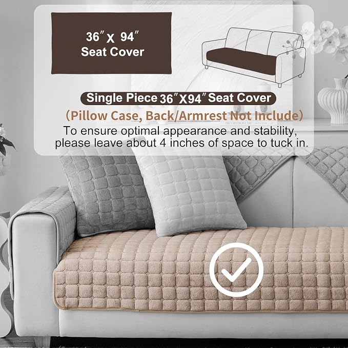 Velvet Washable Couch Cover for Pets Dogs, Non Slip Sectional Sofa Covers for 3 Cushion Couch Sofa L Sharped Sofa Slipcovers, Furniture Protector (1 PCS 36"x94",Khaki) - Image 2