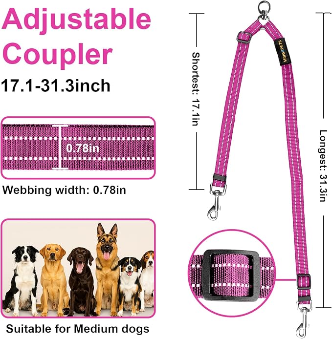 MingXpet Double Dog Leash for Two Dogs, No Pull Dog Leash, 360° Swivel No Tangle for Medium Dogs Walking & Training, Shock Absorbing Reflective Bungee, Rose - Image 2