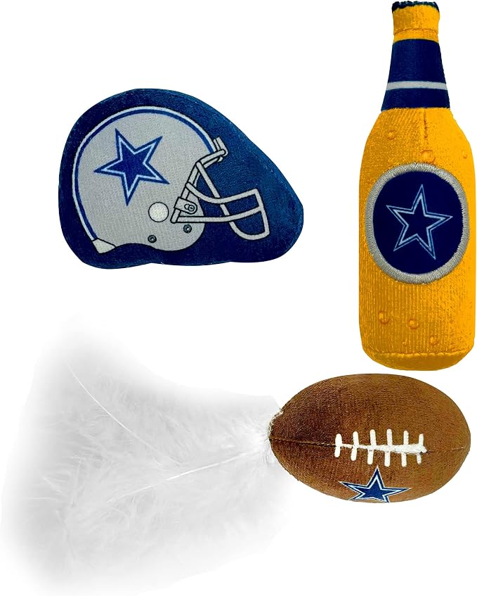 Best Plush CAT Toy - NFL Dallas Cowboys Complete Set of 3 piece Cat Toys Filled with Fresh Catnip. Includes: 1 Helmet Cat Toy, 1 Football Cat Toy with Feathers & 1 Beer Bottle. Beautiful Team Logos - Image 2