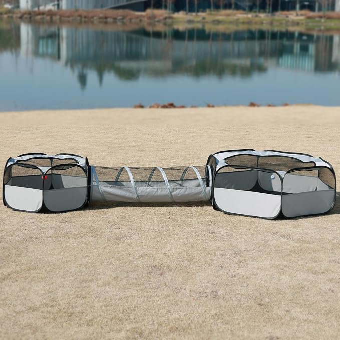 Outdoor Cat Enclosure，Cat Tunnels for Indoor and Outdoor Playpen Portable Cats with Cube Tent Toys Combo for Kitten, Puppy, Rabbit and Small Animals(One Small and One Large Hexagonal Cube +Tunnel - Image 3