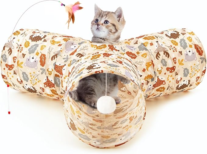 Tempcore Cat Tunnel for Indoor Cats, 3 Way Collapsible Pet Play Tunnel with Teaser Wand, Peek Holes & Hanging Ball, Interactive Tube for Kittens & Rabbits, Beige Deer by Tempcore