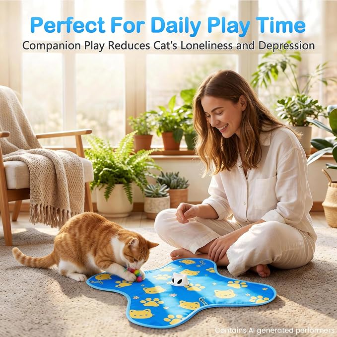 Interactive Cat Toys for Indoor Cats, Rechargeable Hide & Seek Toy | Touch Activated, 3 Speed Modes, 10-Min Auto off, Bird Chirps(can turn off), Hidden Feather Wand for Bored Adult Cats, Blue - Image 8