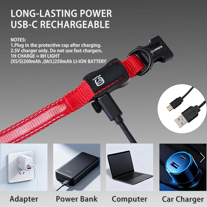USB Rechargeable LED Dog Collar, Waterproof, Adjustable, Glowing, for Medium Dogs, Night Walking, Camping, Jogging, Red, M (Neck 15-24", Width 1") - Image 5