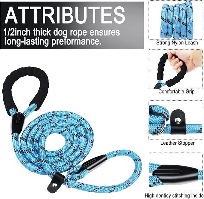 Dog Leash, 6 FT Slip Lead Dog Leashes, Durable Premium Quality Strong Training Rope Slip Leash with Comfortable Padded Handle and Highly Reflective Threads for Small Medium and Large Dogs, (Blue) - Image 2