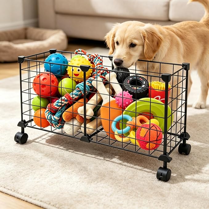 Indestructible X Large Dog Toy Basket with Wheels, Metal Dog Toys Holder for Cats, Heavy-Duty Storage Bin for Chew Toys & Blankets Pet Food Storage Box Organization, Chew-Proof Toy Organizer for Puppy - Image 3