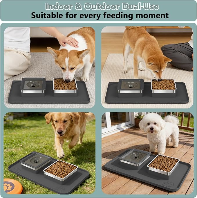 Dog Bowl Set, No Spill Dog Water and Food Bowl with Silicone Mat | Large Capacity 304 Stainless Steel Bowls, 2-In-1 Set, Slow Drinking, Anti-Slip Silicone Feeding Mat, Home/Travel, 6-7 Cups - Image 7