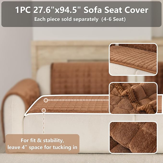Velvet Washable Couch Cover for Dog,L Shape Sofa Cover for Pets. | 27.6"x90", Brown,Sectional Couch Cover,Soft Velvet,Non-Slip,Furniture Protector,quilted - Image 2