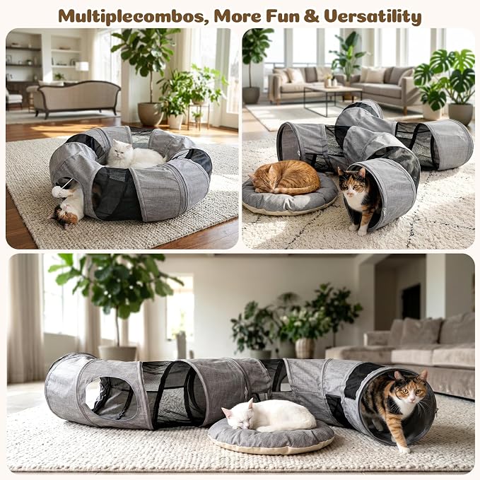 Ownpets Collapsible Cat Tunnel Toy - 2-in-1 Interactive Play Tunnel for Cat up to 18 lbs, Tear-Resistant Mesh, Fold to 2 Inches Thick, Portable Cat Exercise & Entertainment Tunnel, 10" Diameter, Grey - Image 3