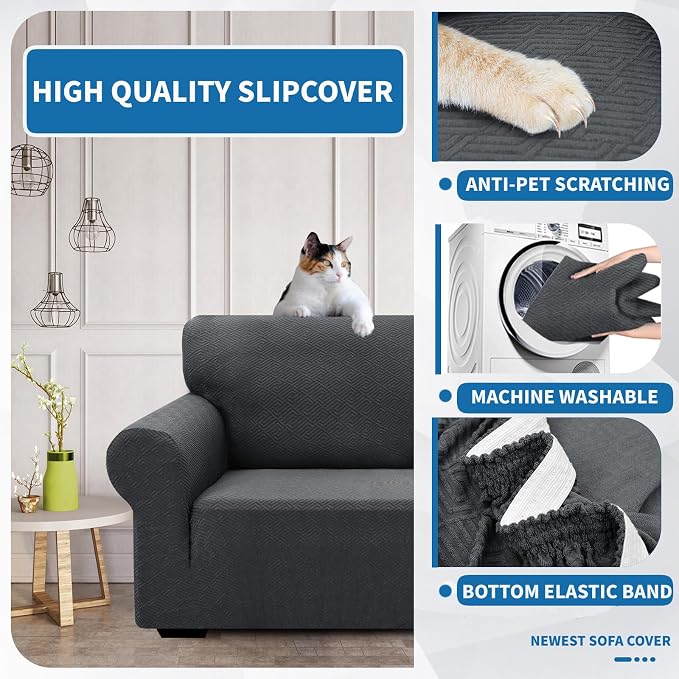 XINEAGE Stretch Jacquard Sofa Cover, Non Slip Sofa Slipcover for Dog | High-Stretch Fabric. Wear-Resistant, Pet Friendly. Easy Install & Washable for Living Rooms, Offices.Dark Gray - Image 6