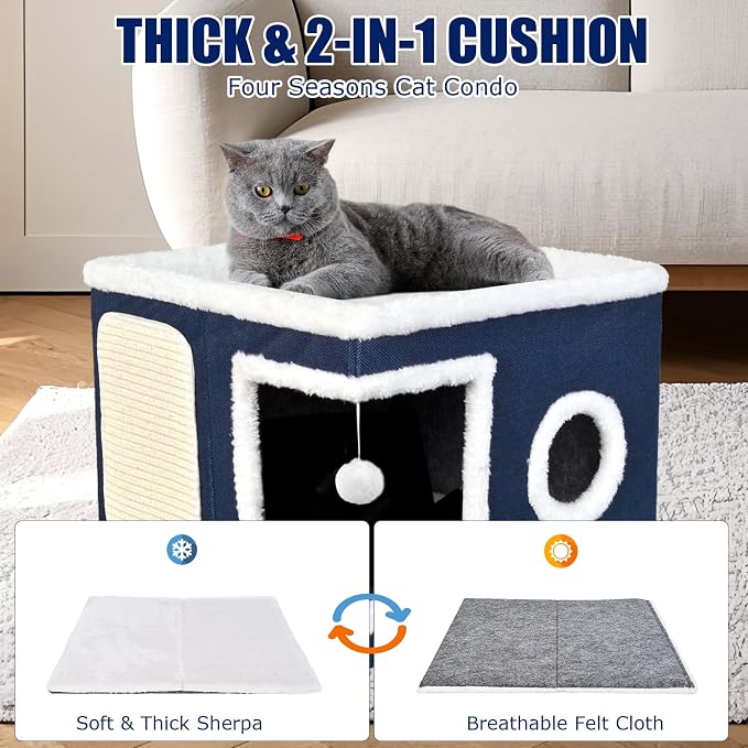 Cat Beds for Indoor Cats, Large Cat Cave Bed with Scratch Pad and Fluffy Ball, Foldable Cat Hideaway, Cat House with Reversible Cushion for Multi Small Pet Up to 30LBS, Blue - Image 6