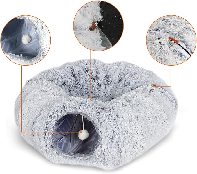 Cat Tunnel, Cat Tunnel with Sleeping Area, Plush Donut Cat Bed with Pom-Poms, Indoor Interactive Cat Toy, Gray (33.46×10.23in) - Image 4