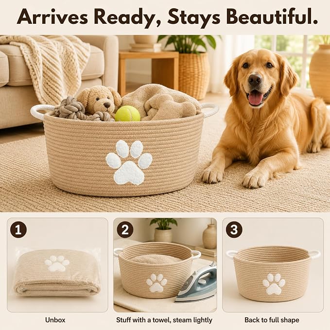 Dog Toy Basket with Handles, Boho Cotton Rope Storage Bin Organizer | Warm boho dog toy organizer, natural woven look. Holds toys, blankets & leashes. Spot washable, collapsible rope bin - Image 7