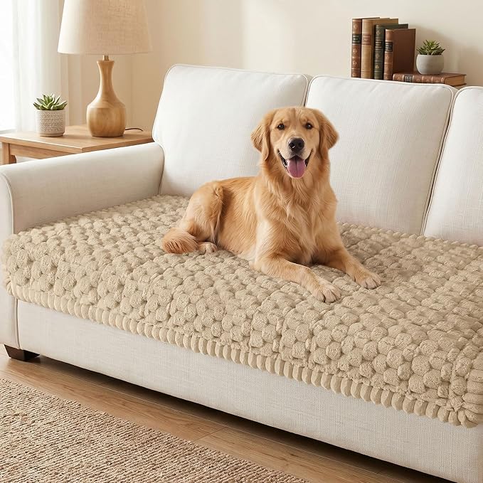Smiry Non Slip Couch Covers for Dogs, Scratch Resistant Pet Sofa Protector | Machine Washable Soft Fuzzy Thick Furniture Cover for Sofa Loveseat Sectional Large Dogs, Khaki, 35.4" x 95" by Smiry