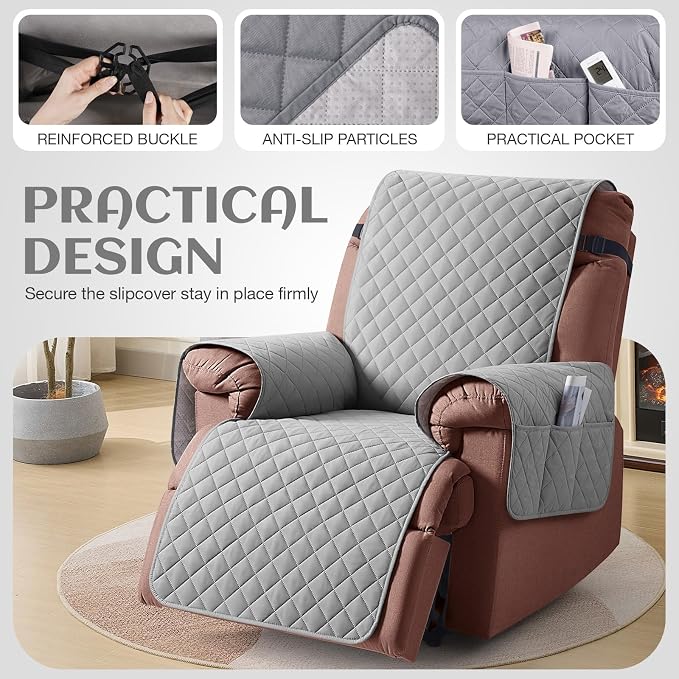 KinCam 100% Waterproof Recliner Chair Covers Washable, 23.6", Light Gray | Anti Slip Reclining Couch Covers for Pets Dog, Recliner Sofa Slipcover Storage Pocket, Furniture Protector with Elastic Strap - Image 5
