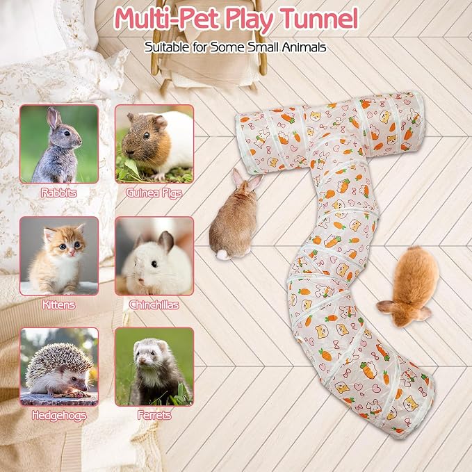 PINVNBY Large Rabbit Tunnel，Collapsible Rabbit Tunnels for Indoor Bunnies Bunny Hideout with 5 Types of Chewing Toys for Ferret Kitten Small Animals (T Shape) - Image 5