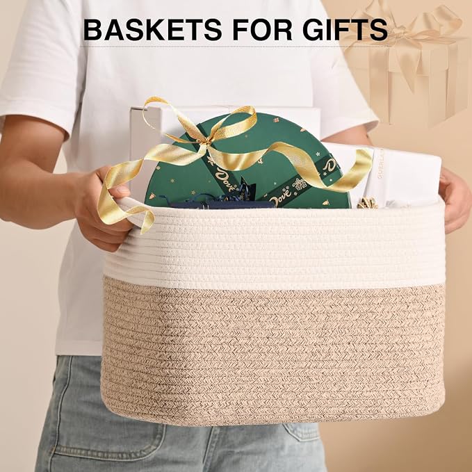 ICERZCZ Woven Cotton Rope Storage Basket for Organizing, Cute Decorative Baskets for Gifts Empty, Organizer Bins for Dog Toy, Baby Laundry, 15“×11”×9.5“, Off White & Brown - Image 3