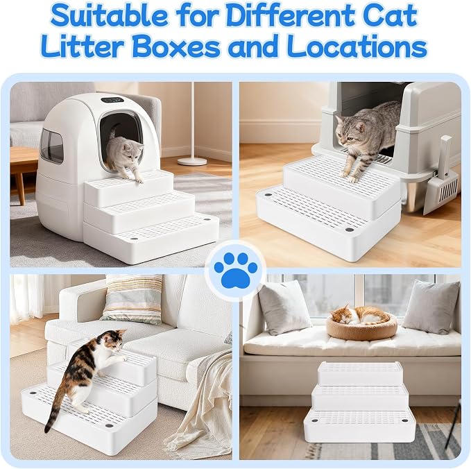 Extra Large 3 Steps Litter Box Ramp, Adjustable Cat Litter Box Step with Filter Function, Easy to Clean Cat Litter Stair Catcher for Elderly Cats and Kitten (White) - Image 6