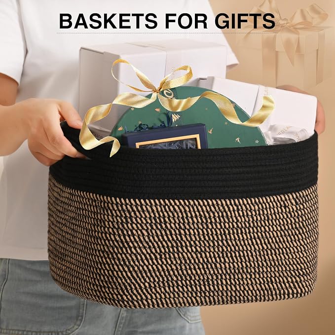 ICERZCZ Woven Cotton Rope Storage Basket for Organizing, Cute Decorative Baskets for Gifts Empty, Organizer Bins for Dog Toy, Baby Laundry, 15“×11”×9.5“, Jute & Black - Image 3