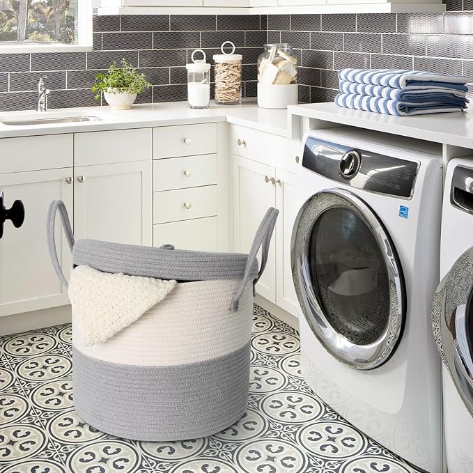 Storage Basket with Lid, Blanket Basket Living Room, Large Woven Cotton Rope Baskets for Storage, Kids Toy Storage Bin, Wicker Laundry Basket, Blankets Pillows Organizer Holder,15"x13", Gray - Image 4