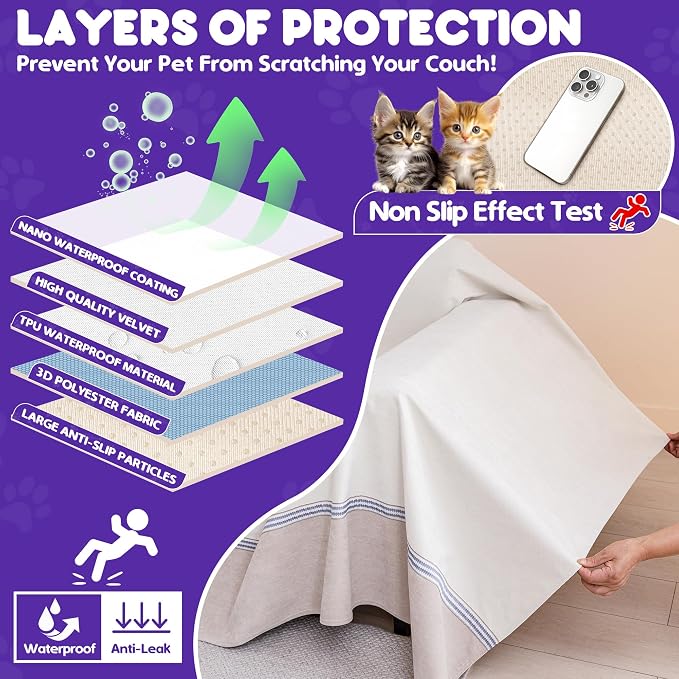 Loiion Cat Scratch Proof Furniture Protector Waterproof Sofa Cover 118"x91" | Pet-Friendly Couch Protector, Anti-Scratch & Anti-Slip Sofa Cover For Cats Dogs Kids, Machine Washable - Image 5