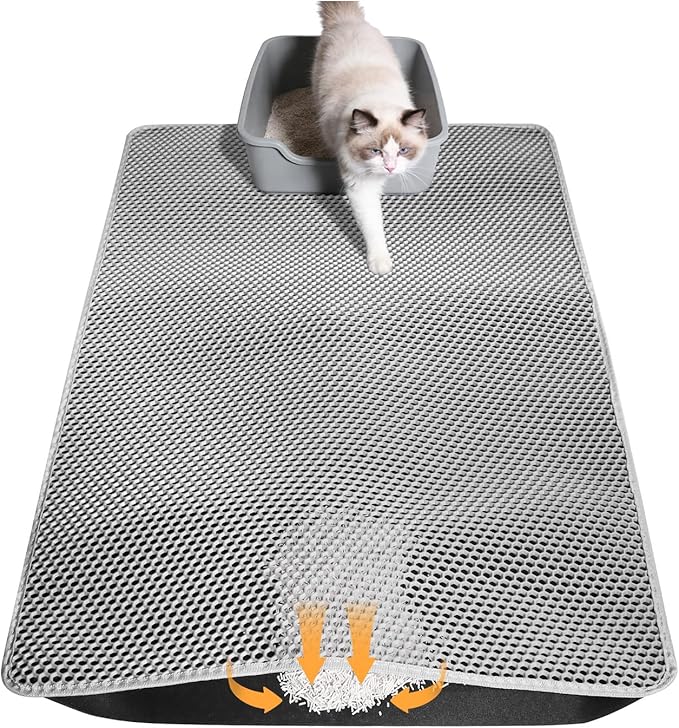 Cat Litter Mat 46"x26", Double Layer Waterproof Litterbox Mat, Gray | Non-slip backing, washable for easy cleanup, traps stray litter with waterproof honeycomb large grid that is urine-proof. by Unknown