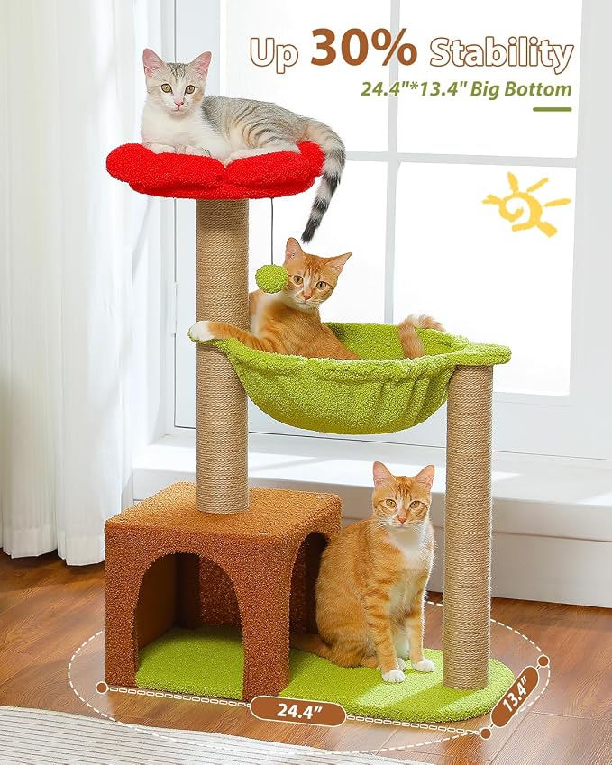 35" Flower Cat Tree for Kittens with Hammock & Sisal Posts, Brown | Flower-shaped top perch, Metal frame hammock, Sisal scratching posts, Cozy pink condo, Sturdy stable base, For small cats - Image 3
