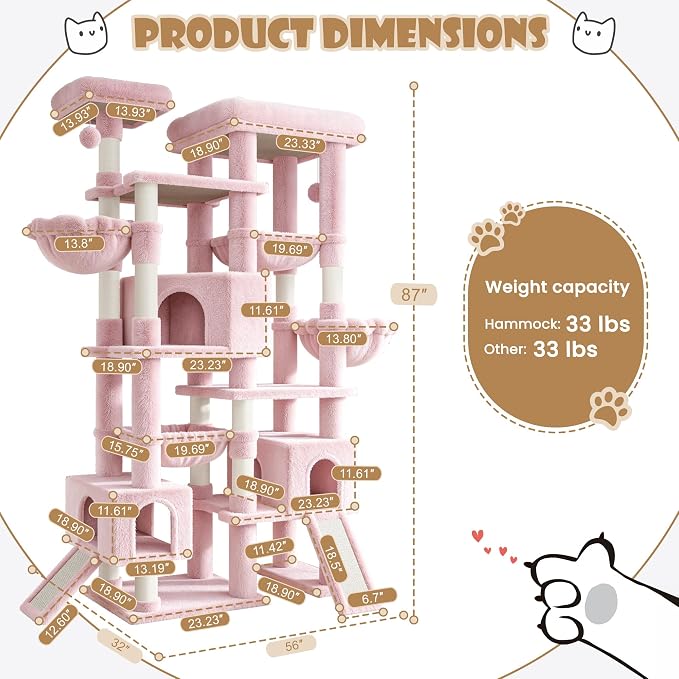 Sha Cerlin 87 in Multi-Level Tall Cat Tree Tower for Large Cats/Extra Wide Feline Activity Center/Sisal Scratching Posts/Wide Base/Cozy Plush Perches/Baskets/Hammocks/Toy Balls/Pink - Image 9