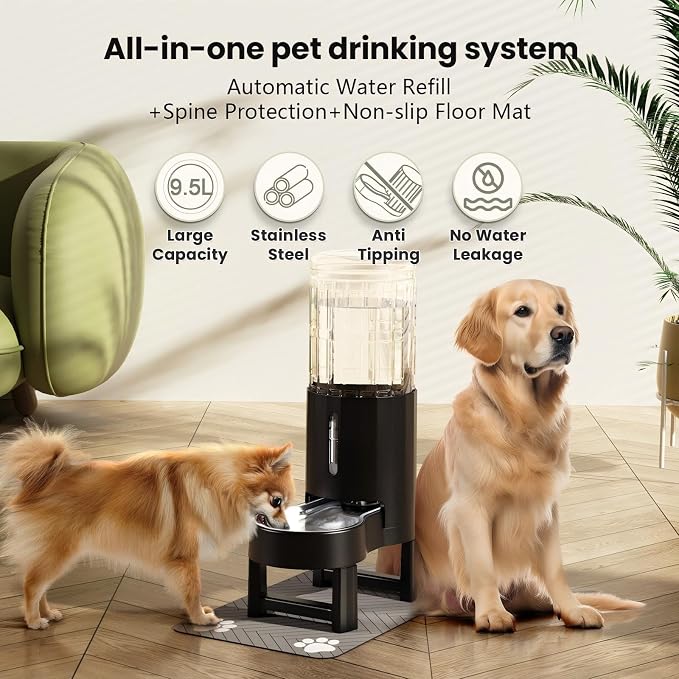 CZPET Elevated Dog Water Bowl Dispenser with Mat (9.5L+Stand+Mat,Black) | With Stainless Steel Bowl Gravity Waterer, Large Capacity and Drinking Area Noise-Free for Pets - Image 2