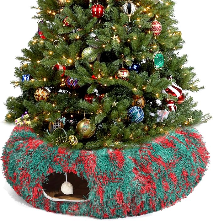 Warm Fluffy Plush Cat Tunnel Bed Under Christmas Tree Big Tube Playground Toys 3 FT Diameter Longer Crinkle Collapsible 3 Way, for Indoor Cat Kitty Kitten Puppy Rabbit Ferret Green-Red - Image 7
