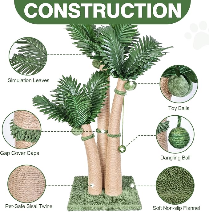 40'' Tall Cat Scratching Post Cat Tree, 3 Curved Design Palm Tree Cat Scratching Post with 8 Interactive Balls, Natural Sisal Rope Cat Scratchers for Indoor Cats, Multi-Combinable (Style D) - Image 2