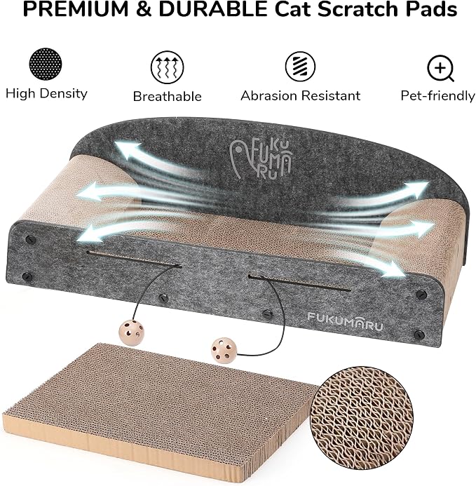 FUKUMARU Large Cat Scratcher Bed, 26 Inch Cat Scratching Bed Sofa Indoor | Cardboard Cat Scratcher with 2 Reversible Scratch Pad Refills, Durable Large Cat Scratching Lounger with Ball Toy, Grey - Image 3