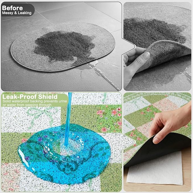 Bienbee Cat Litter Mat, 24" x 15" Litter Box Mat Rug with Non-Slip Bottom,Urine and Water Proof, Easy to Clean Cat Supplies Essentials for Indoor Kitty Kitten Floor, Green Floral Knot M - Image 3