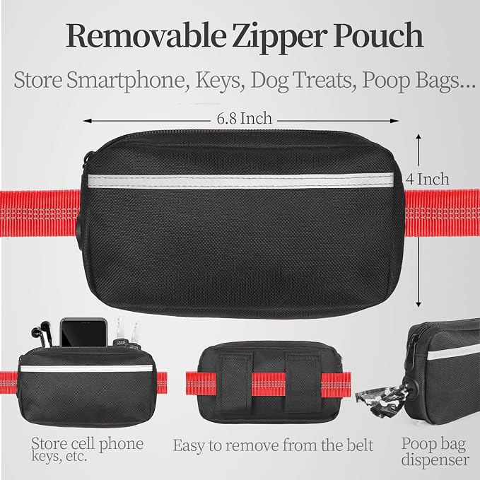 Hands Free Dog Leash with Zipper Pouch, Large, 25-120 lbs, Red | Waist Leash, Dual Padded Handles, Shock-Absorbing Bungee, Adjustable Waist Belt, Walking and Running - Image 2