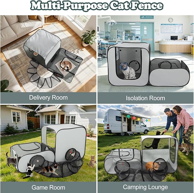 Cat Playpen, 3-in-1 Pop-up Outdoor Cat Enclosure, Gray | 2 Rooms & Tunnel, Breathable Mesh, Carry Bag, Interactive Toys, Multi-Entry Doors, Indoor & Outdoor Use for small pets - Image 6