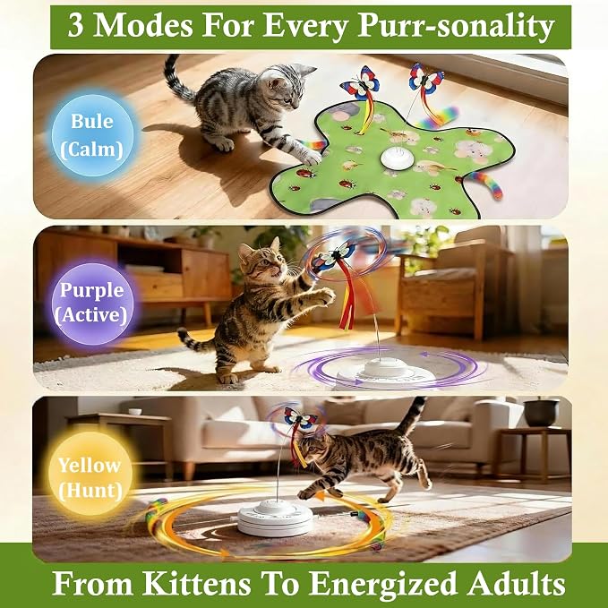 Interactive Cat Toys for Kitten & Adult Cats 3-in-1 Touch Activated | Rechargeable Motorized Cat Toy, Electronic & Automatic, Fluttering Butterfly, Moving Concealed Feathers, 3 Prey Sounds - Image 4