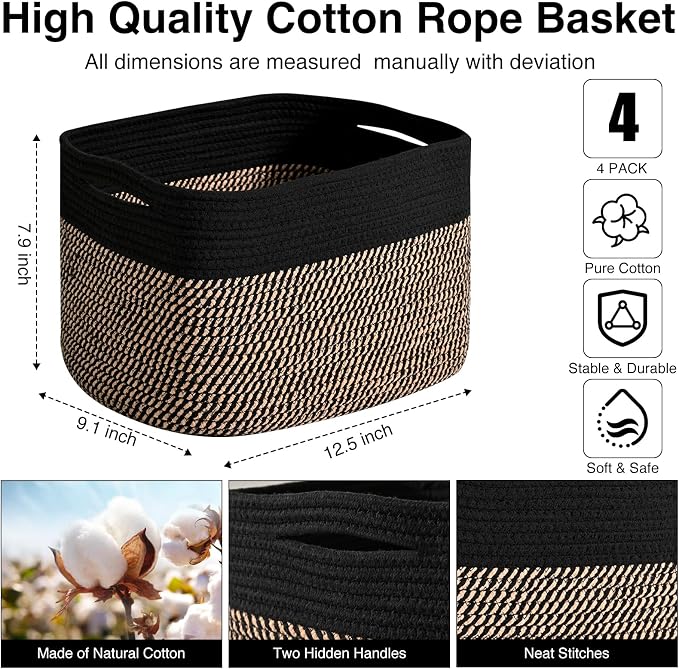 ICERZCZ Storage Baskets for Shelves Organizing, Woven Cotton Rope Baskets for Storage, Book Basket, Decorative Shelf Basket, 12.5"Lx9.1''Wx7.9''H (4 Packs) Black & Jute - Image 3