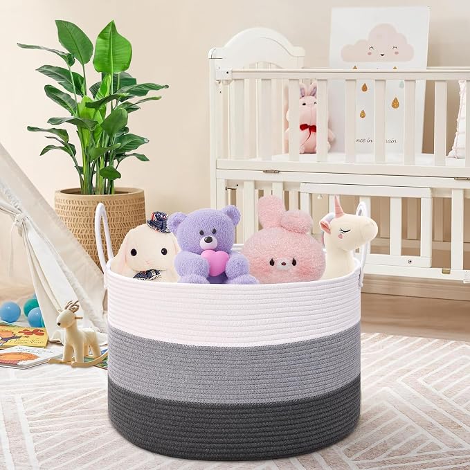 67L Large Woven Blanket Basket, Cotton Rope Baby Laundry Hamper with Handles, Kids Toy Basket for Classroom & Nursery, Soft Round Stuffed Animal Storage, Dog Toy Bin - 20"x13", Gray - Image 4