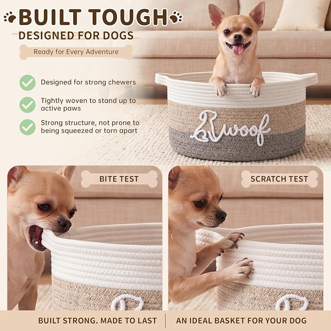 OIAHOMY 22L Large Dog Toy Basket, 16.5"x11.4"x9" Cotton Rope Basket with Cute Woof Embroidery, Soft Woven Pet Toy Box with Handles for Blankets, Leashes & Puppy Accessories, Decorative Organizer Brown - Image 5