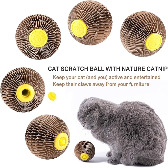 Cat Toys for Indoor Cats, Catnip Toys with Refillable Catnip, 3 Inch Scratcher Ball, Interactive Rolling Scratch Toy for Bored Indoor Adult Felines, Small Corrugated Paper Ball - Image 7