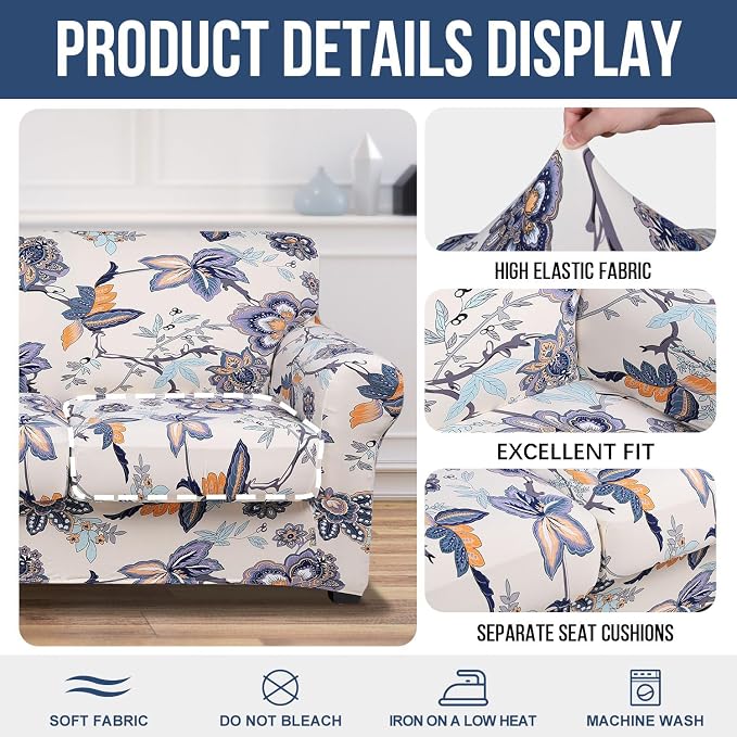 hyha Stretch Couch Covers, Sofa Cover for 3 Cushion Couch Pet Friendly | Floral Pattern, Printed, 4 Pieces, 3 Separate Cushion Sofa, Durable Anti-slip Washable Protector with Elastic Bottom for Dogs - Image 4