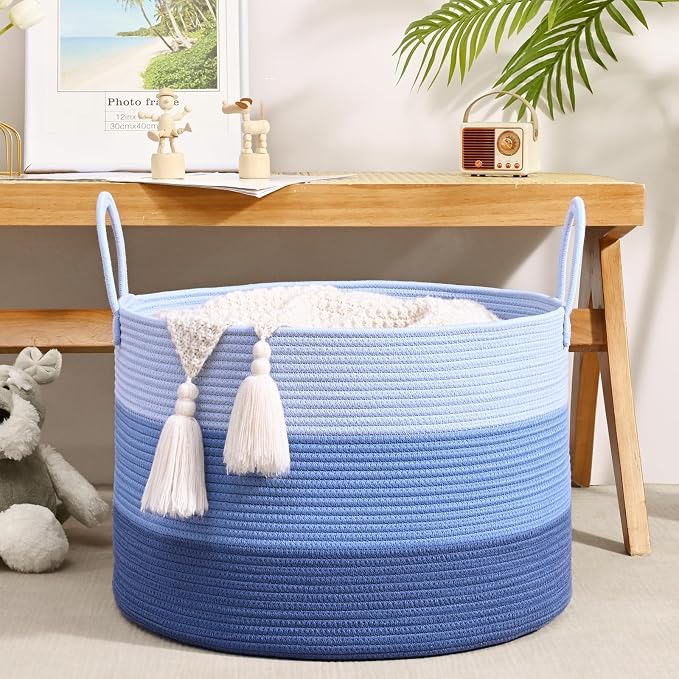 67L Large Woven Blanket Basket, Cotton Rope Baby Laundry Hamper with Handles, Kids Toy Basket for Classroom & Nursery, Soft Round Stuffed Animal Storage, Dog Toy Bin - 20"x13", Blue - Image 2