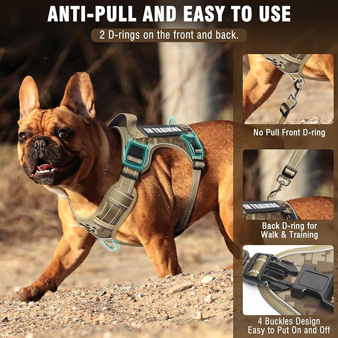 Tactical Dog Harness and Leash Set with 10 Patches for Medium Dogs | Heavy Duty No Pull Service Animal Dog Vest with Dog Seat Belt ,Adjustable Reflective Easy Walk for Training Hiking Camo M - Image 3