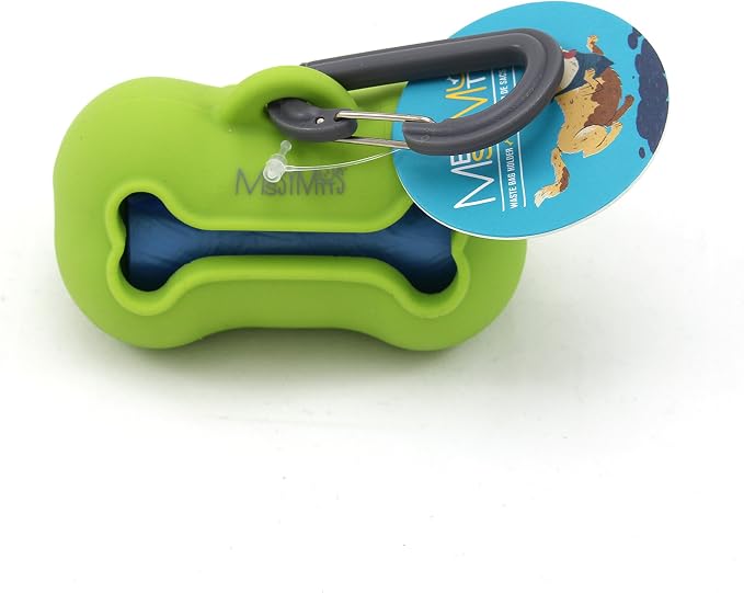 Messy Mutts Silicone Dog Poop Bag Holder with Carabiner, Green | Silicone Dog Poop Bag Dispenser With Carabiner Clip And 15 Bag Starter Roll, Fits Standard Rolls by MessyMutts