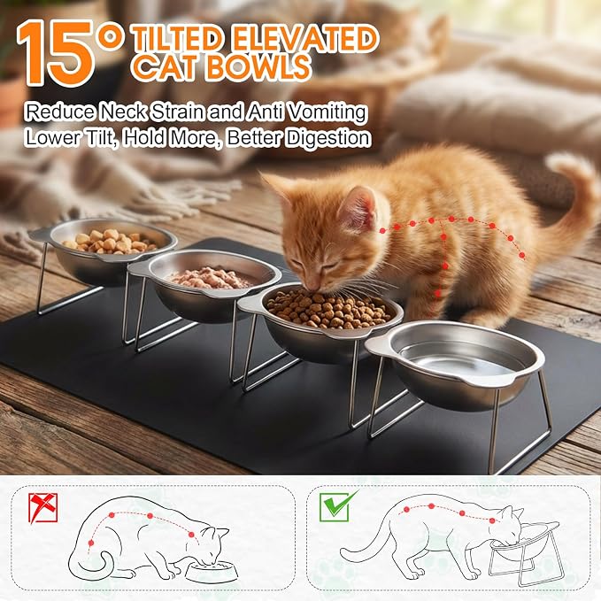 4 Set Elevated Cat Food Water Bowls 15°Tilted Stand Anti Vomiting Raised Dishes with Food Silicone Mat Stainless Steel Whiskers Friendly Cat Bowls for Multiple Cats and Puppy - Image 3