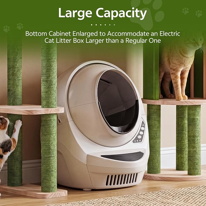 Wood Cat Tower for Self-Cleaning Litter Box, with Faux Plant, 58In | Multi-Level Cat Tree for Adult Large Cats, with Cozy Plush Bed, House, Scratching Posts, Cat Furniture for Indoor Cats, Green - Image 3