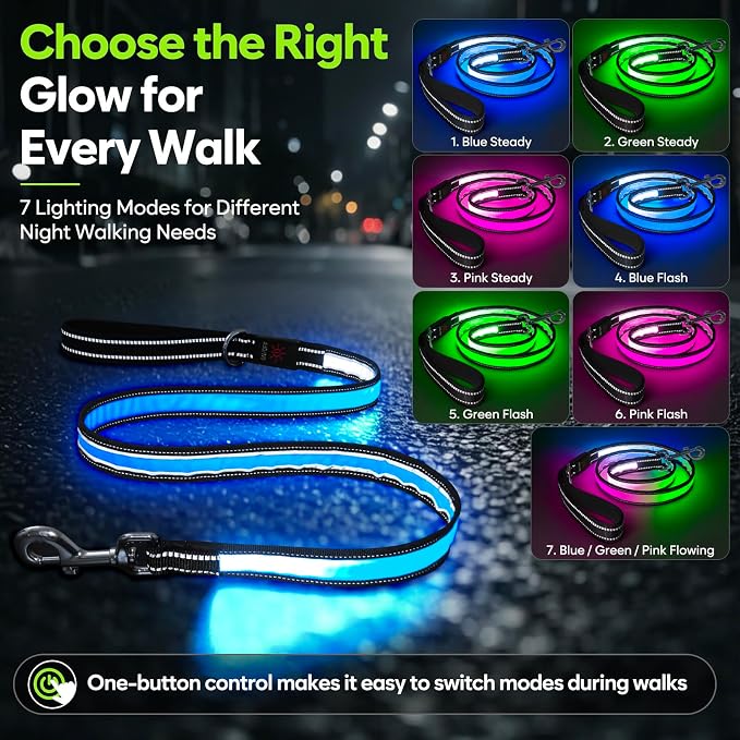 5 Ft LED Dog Leash, Light Up & Lighted Dog Leash, 7 Lighting Modes, Glow in The Dark, Reflective, Double-Sided Light, Rechargeable with Padded Handle for Night Walking Safety, Small to Large Pets - Image 4