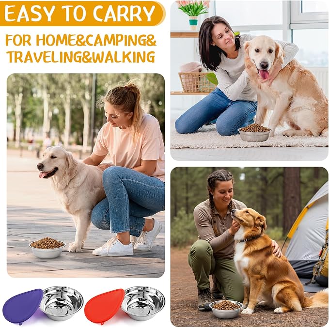 Patelai 4 Pcs Stainless Steel Dog Bowls 7.9" with Silicone Lids Portable Food and Water Dishes for Pets Sealable Containers for Small Medium Dog Cat Indoor (Red,Purple) - Image 7