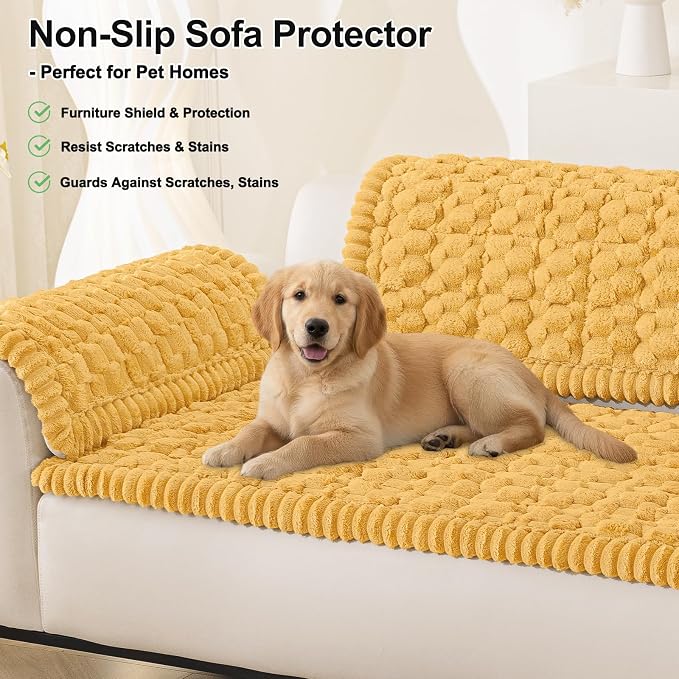 Smiry Non Slip Couch Covers for Dogs, Scratch Resistant Pet Sofa Protector | Machine Washable Soft Fuzzy Thick Furniture Cover for Sofa Loveseat Sectional Large Dogs, Mustard Yellow, 27.6" x 70.9" - Image 10