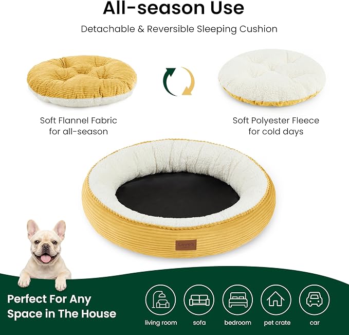 Love's cabin Round Donut Cat and Dog Cushion Bed, 30in Pet Bed for Medium or Large Dogs, Anti-Slip & Water-Resistant Bottom, Soft Durable Fabric Pet Beds, Washable Calming Cat Bed, Yellow - Image 3