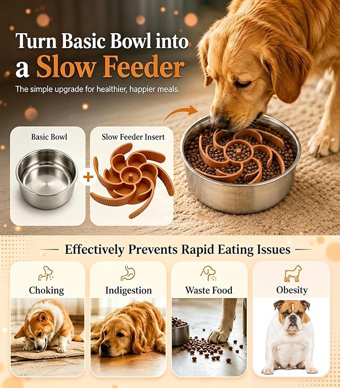 Slow Feeder Dog Bowls Insert Cuttable to fit 4.4"-7.5" Bowl Orange | Strong suction cups fit snugly,reduce fast eating,Food-grade silicone, dishwasher safe, for dogs and cats,daily mealtimes - Image 2